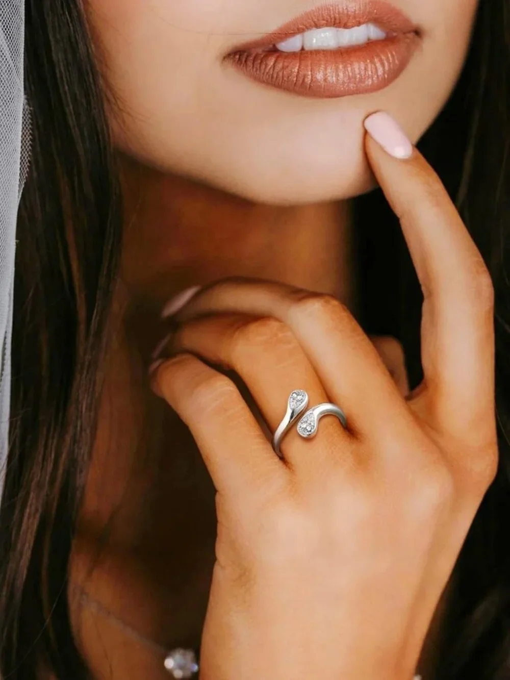 Dainty Silver Birthstone Ring for Women | Adjustable Teardrop Open Band Promise